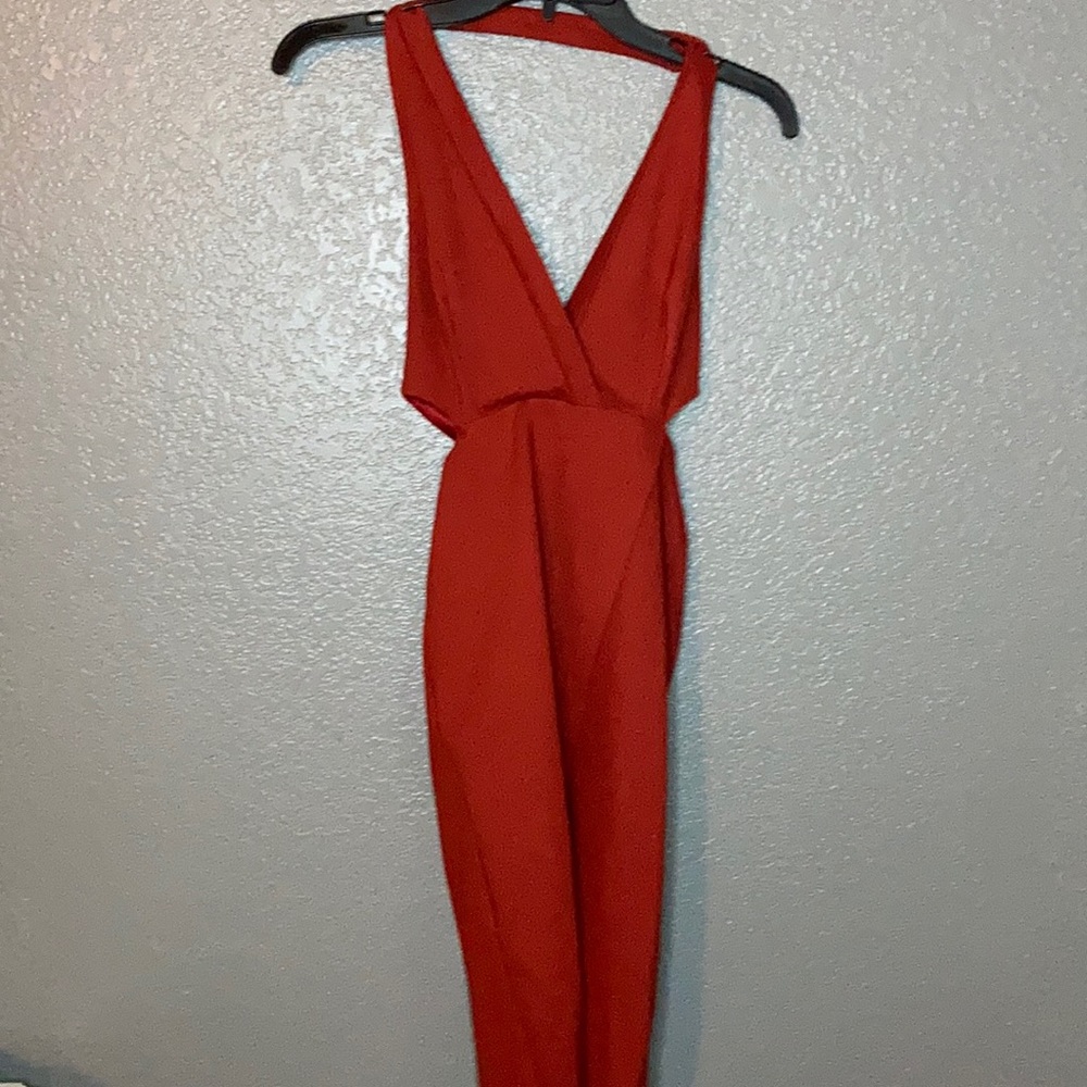 Rust, backless, deep v-neck dress